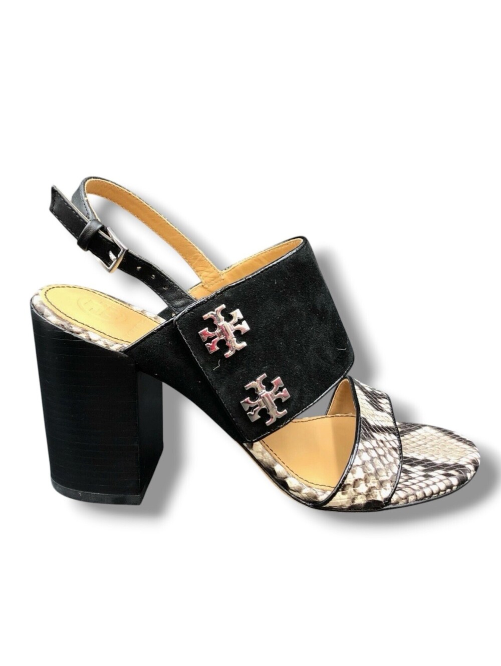 Tory Burch Kira Women’s 7 Black Suede Snake Embossed Block Heel Sandals - Picture 3 of 10